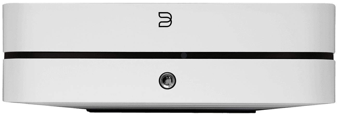 Front view image of a white Bluesound POWERNODE (N331) device